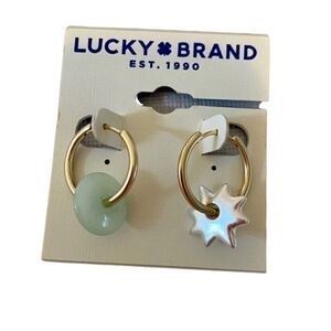 Lucky Gold Toned Hoop Dangle Earrings w/ Lt. Green round stone & Silver star.